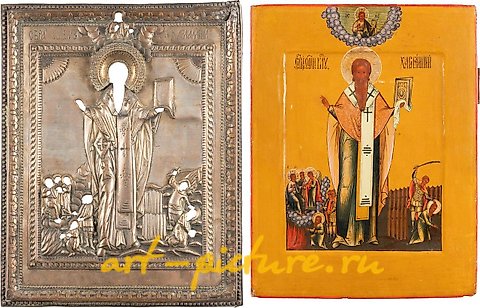 Russian silver, A FINE ICON SHOWING ST. HARALAMBIUS WITH SCENES FROM HIS LIFE