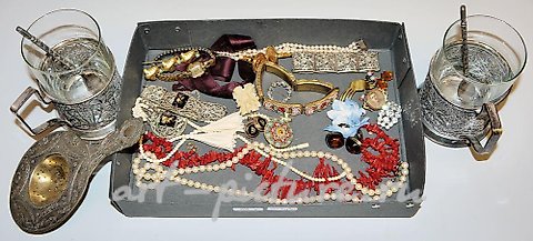 Russian silver, Convoluted of antique jewelry and two tea glasses with spoons...