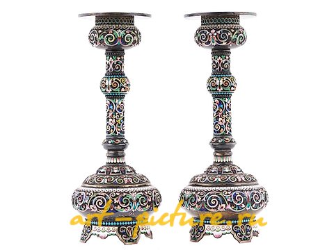 俄罗斯银, 美丽而令人印象深刻的一对俄罗斯古董银烛台，84纯度。