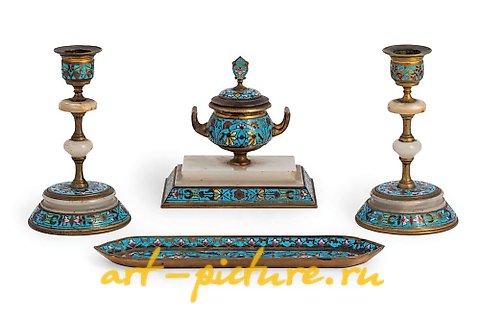 Russian silver, DESK SET IN METAL, ENAMEL, ALABASTER AND MOTHER-OF-PEARL ...