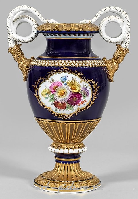 Large snake handle vase with floral decoration