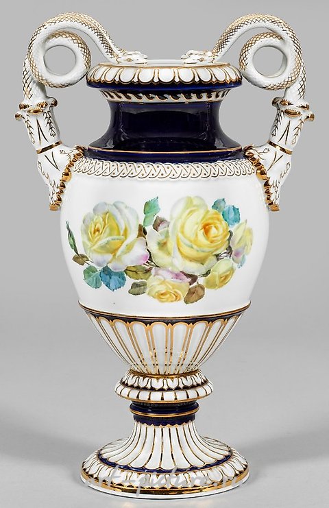 Snake handle vase with rose decoration