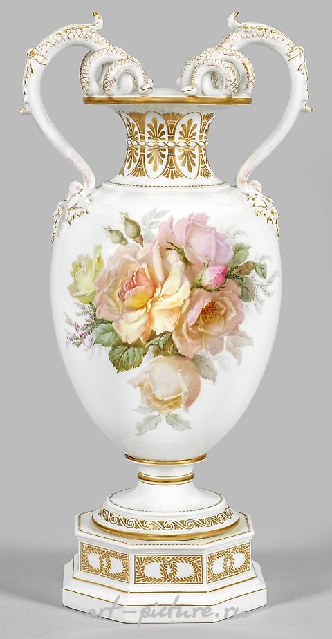 Magnificent snake handle vase with soft painting.