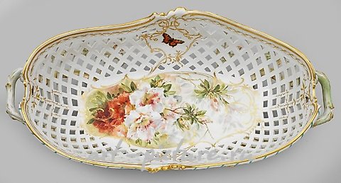 Monumental fruit basket with watercolor painting from the KPM Berlin.