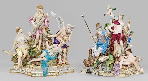 A few large Meissen figurine groups, "The Three Fates," and