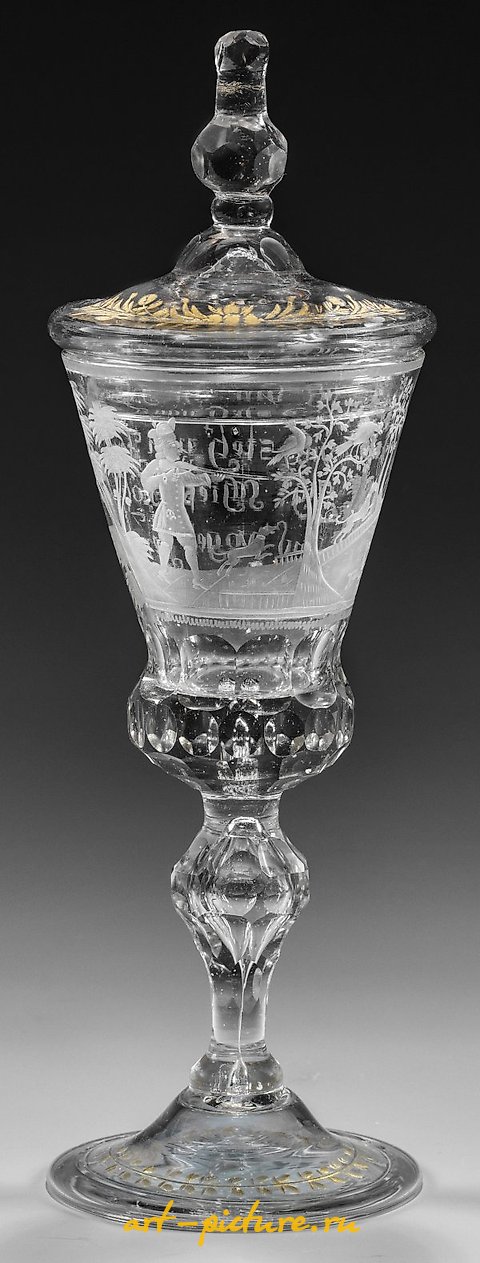 Baroque lidded goblet with a hunter motif.