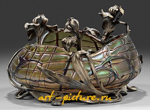 Art Nouveau Glass Bowl with Sword Lily Metal Mounting