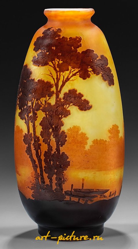 Large decorative vase with lake or river landscape by Gallé.
