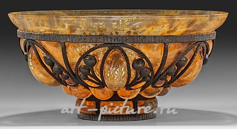 Large Jade Glass Bowl with Wrought Iron Stand