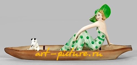 Goldschneider Figure - A sophisticated lady with a fox terrier in a boat.