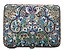 Russian silver and cloisonne cigarette case, with dense scrolling floral patterns on a dark blue background.