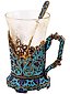 RUSSIAN SILVER ENAMEL TEA GLASS HOLDER WITH SPOON