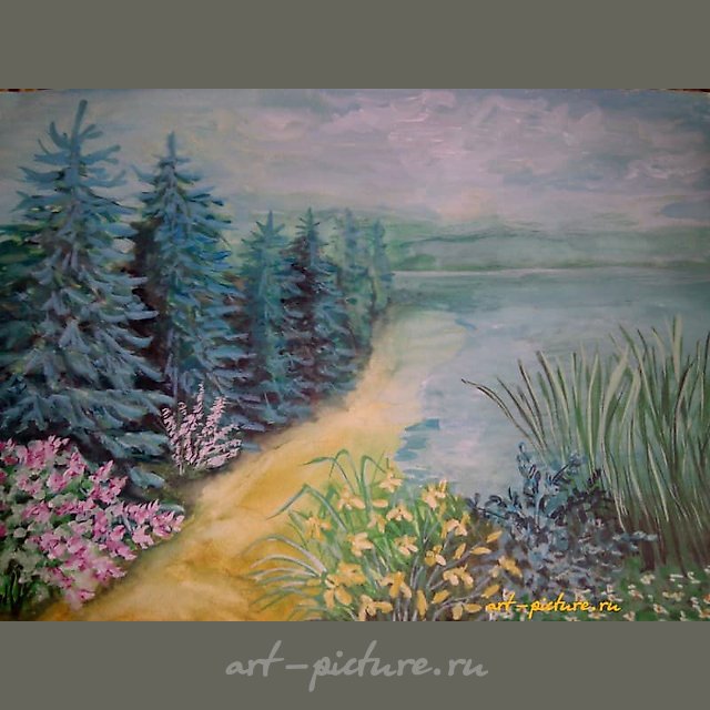 The translation of "Берег акварель, бумага" into English is "Watercolor shore, paper."