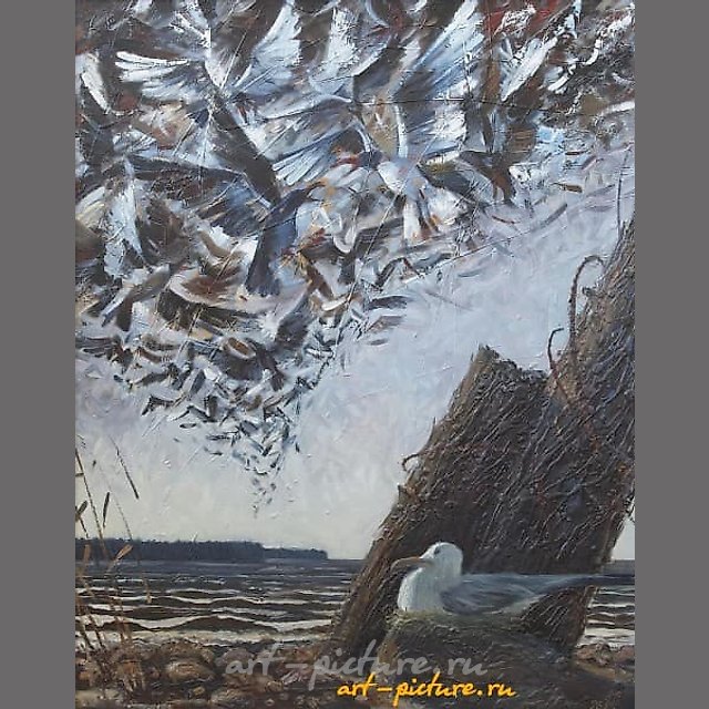 The translation of "Птицы масло, холст" into English is "Birds oil, canvas."