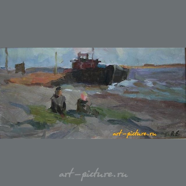 На реке. Картон, масло. 14 х 27 см