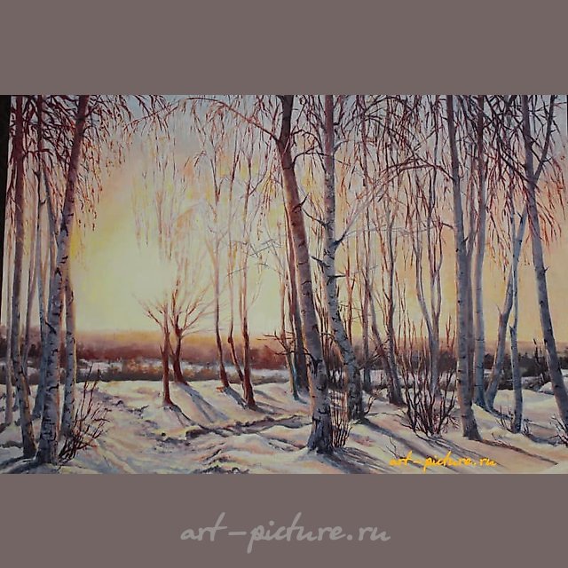 The translation of "Березы масло, холст" into English is "Birches oil, canvas."