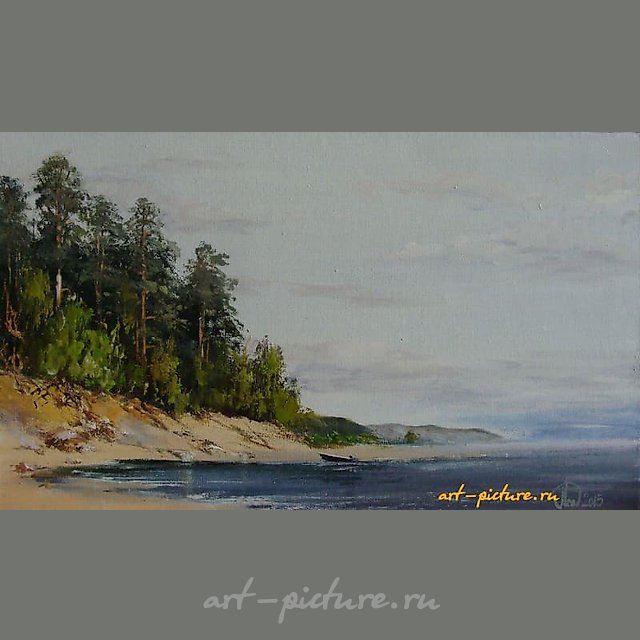 The translation of the text "Берег реки масло, холст" into English is "Riverbank oil, canvas."