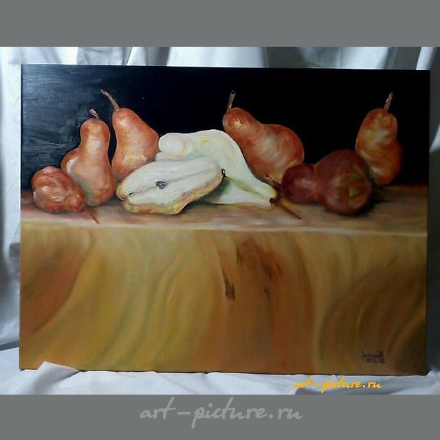 The painting "Pears on the Table" is on canvas on a stretcher, oil on canvas.