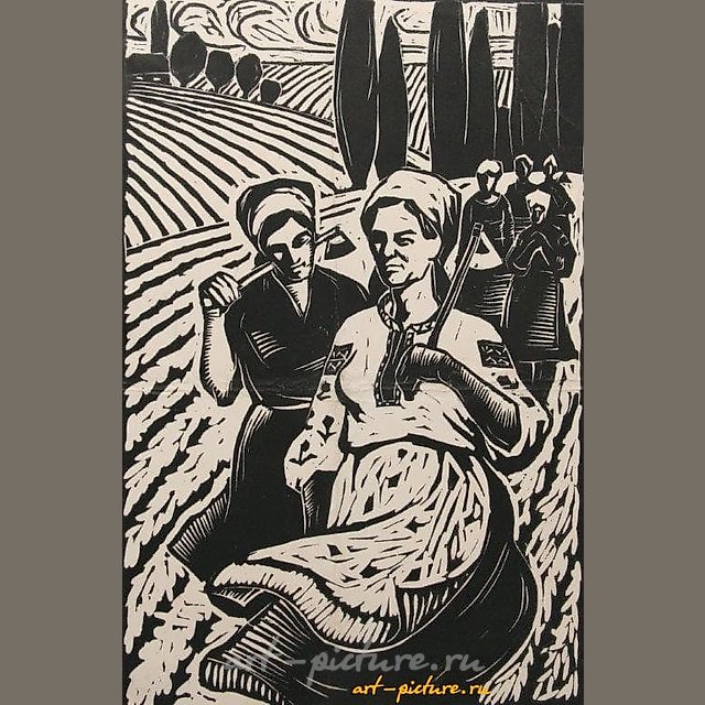 В поле. Линогравюра.