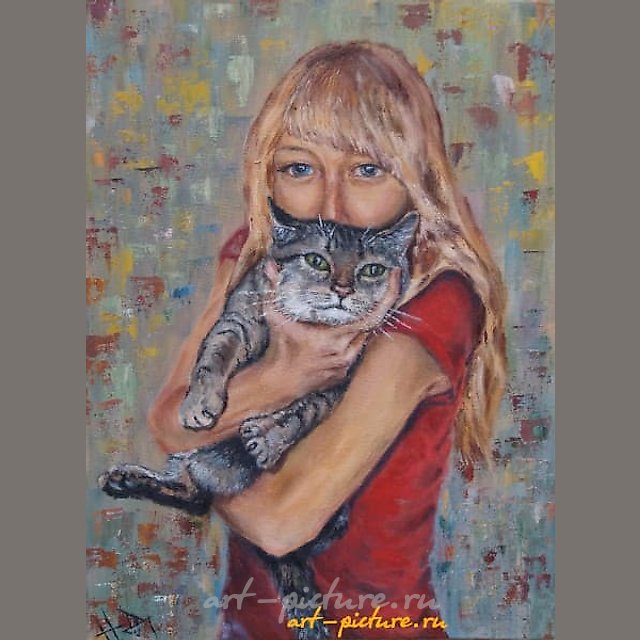 The translation of the text "девушка с котом масло, холст" into English is "girl with cat oil, canvas."