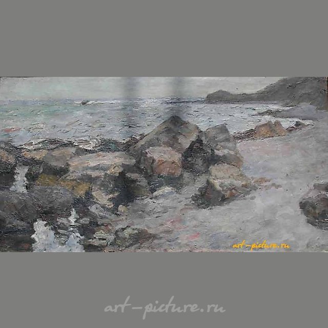 Камни на берегу моря. Холст, масло. 44 х 80 см