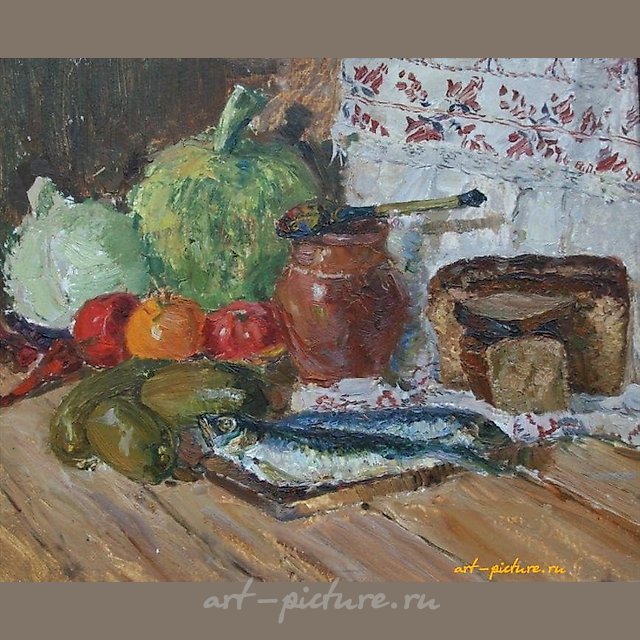 Still Life with Herring. Cardboard, oil. 46 x 56 cm.