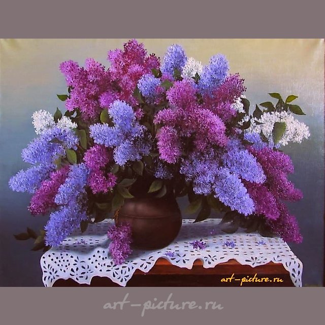 The translation of "Сирень холст масло" into English is "Lilac oil on canvas."
