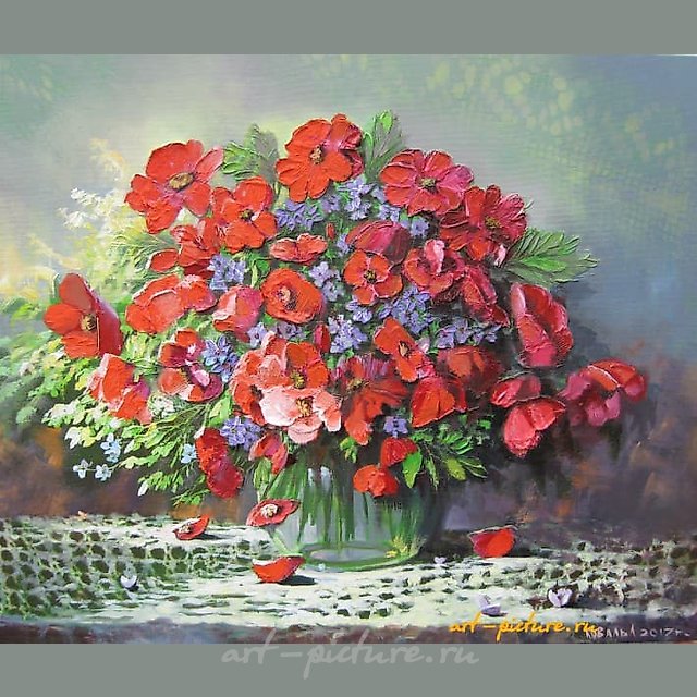 "Poppies and forget-me-nots Oil, canvas, acrylic, palette knife"