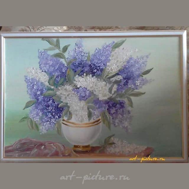 " Bouquet of lilacs, cardboard, oil, frame"