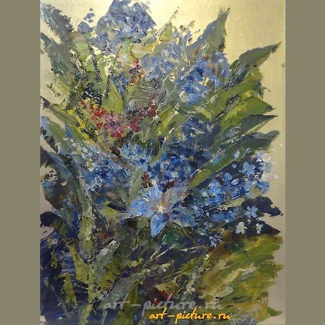 "Blue firework, cardboard, oil, palette knife."