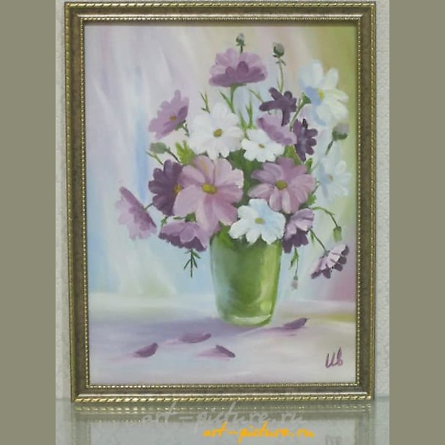 The translation of "Букет холст, масло" into English is "Bouquet, canvas, oil."