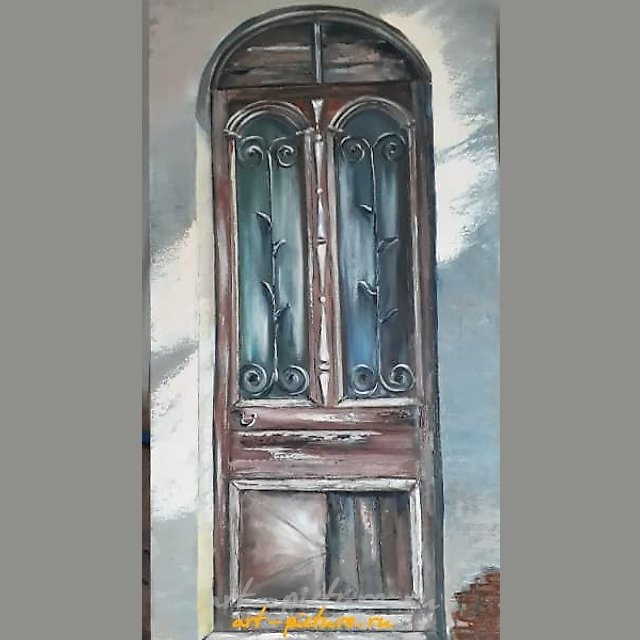 The translation of the text is: "Old Door in Tbilisi, Oil, canvas on stretcher."