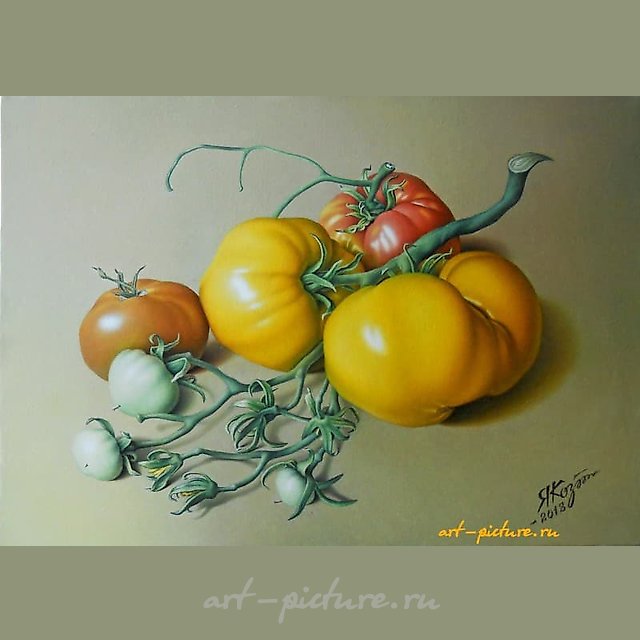 "Yellow tomatoes, canvas, oil"