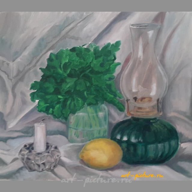 Still Life with Lemon and Parsley, oil on canvas on cardboard.