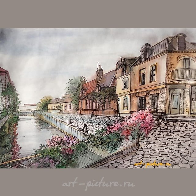 "European waterfront watercolor, liner, paper"