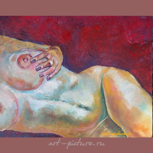 The translation of the text "Жещина на красном масло, холст" into English is "Woman on Red, oil on canvas."