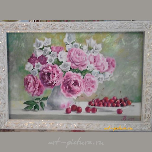 "Bouquet of Pink Peonies" still life canvas, oil, mastichin, frame