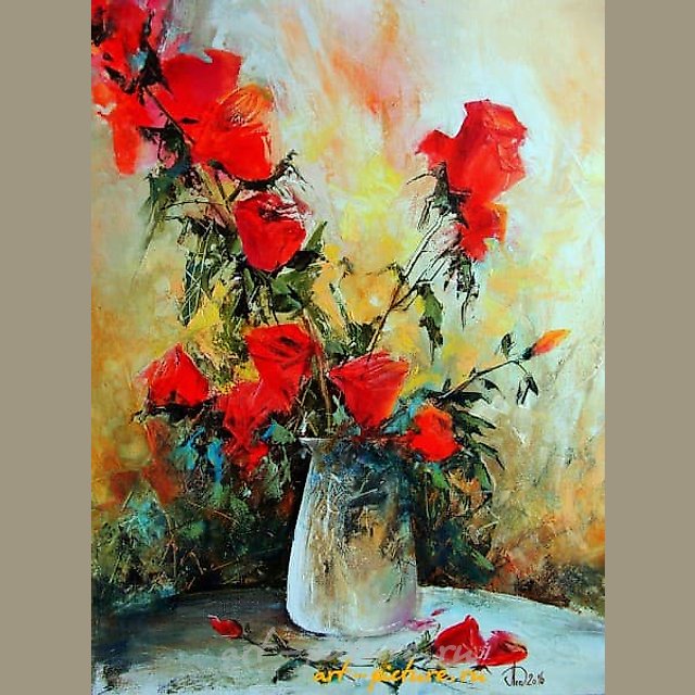 "Roses in a white vase, oil on canvas."