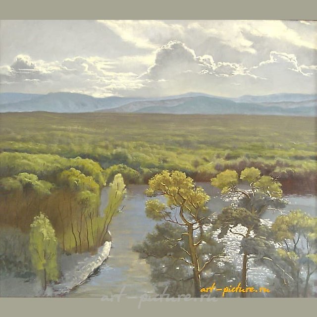 The translation of the text "Ожидание. масло, холст" into English is "Expectation. oil, canvas."