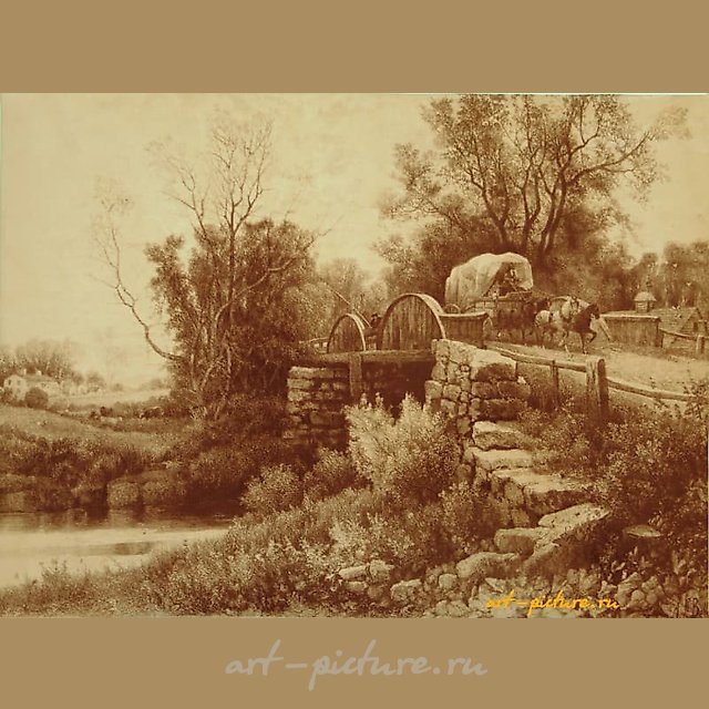 "Old watermill engraving on natural leather"
