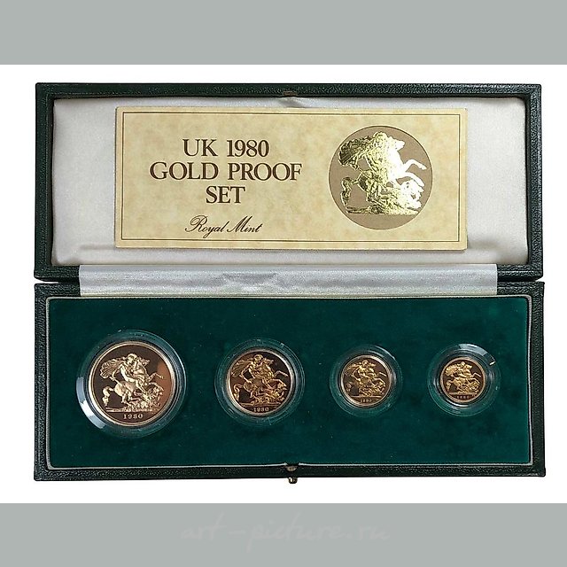 Set of 4 gold sovereigns from 1980 of the Elizabeth II era in a case with a certificate.