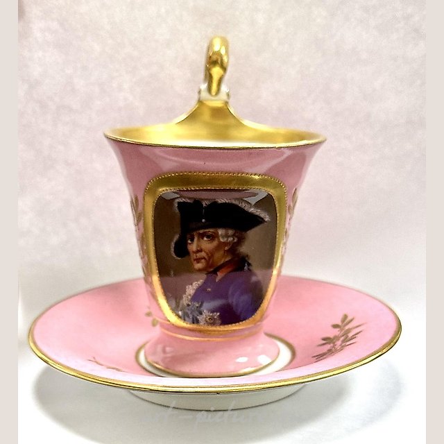 CUP AND SAUCER WITH IMAGE OF FREDERICK THE GREAT KPM