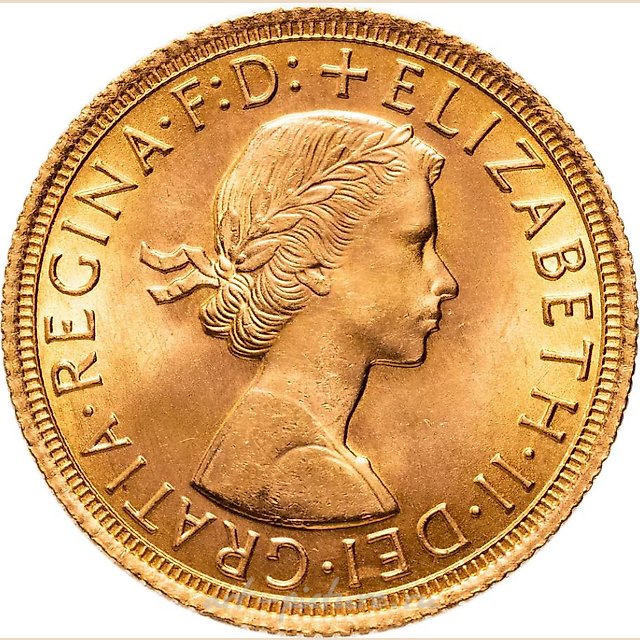 Великобритания 1 соверен (sovereign) 1966 с портретом королевы Елизаветы - святой Георгий с драконом