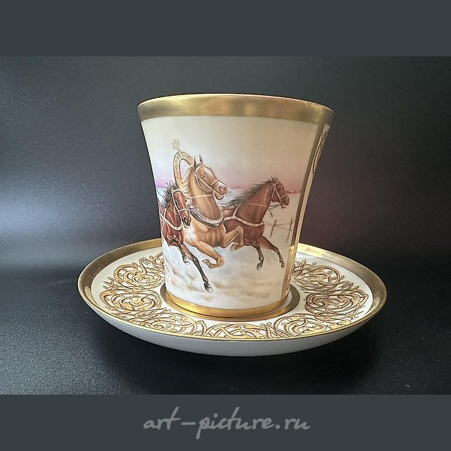 Чайная пара Русская тройка. Быстрицкой. Фарфор, ручная роспись, золочение, цировка.