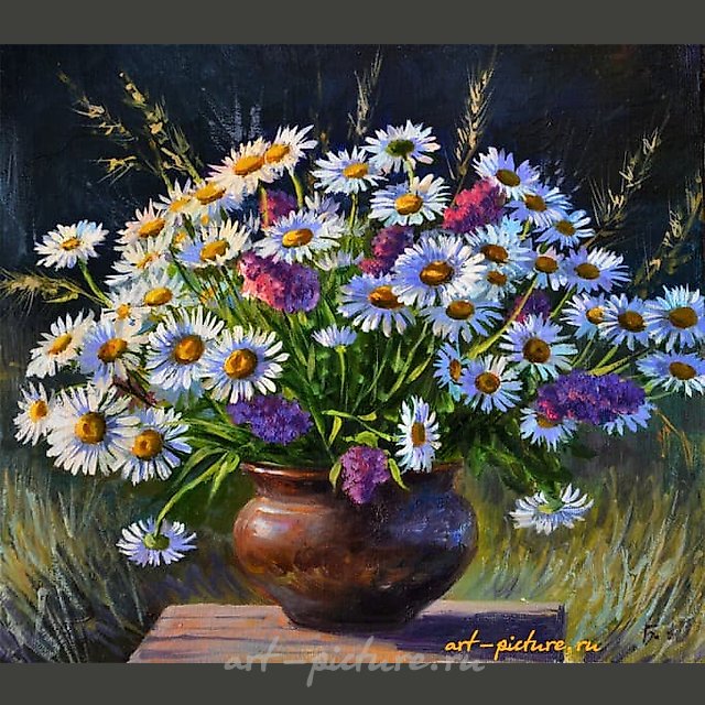 "Daisies, canvas on cardboard. Oil."