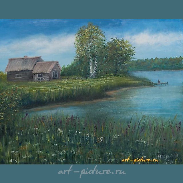 湖边的小屋 油画，画布