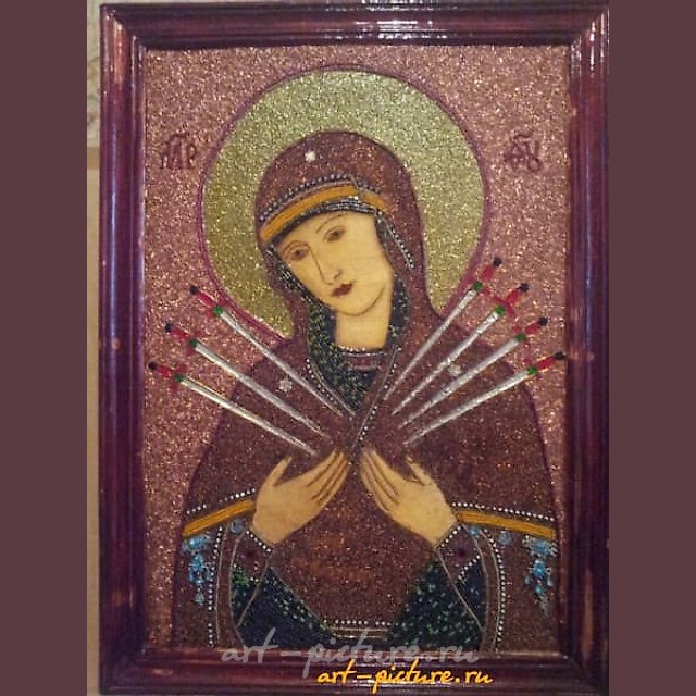 Икона Божией Матери "Умягчение злых сердец" Авторская техника,проволочный коллаж,проволока,лак,стразы,акрил.краски,бисер,выполненно на фанере, 