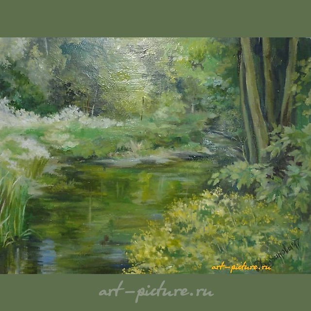 森林河油画，画布木框上