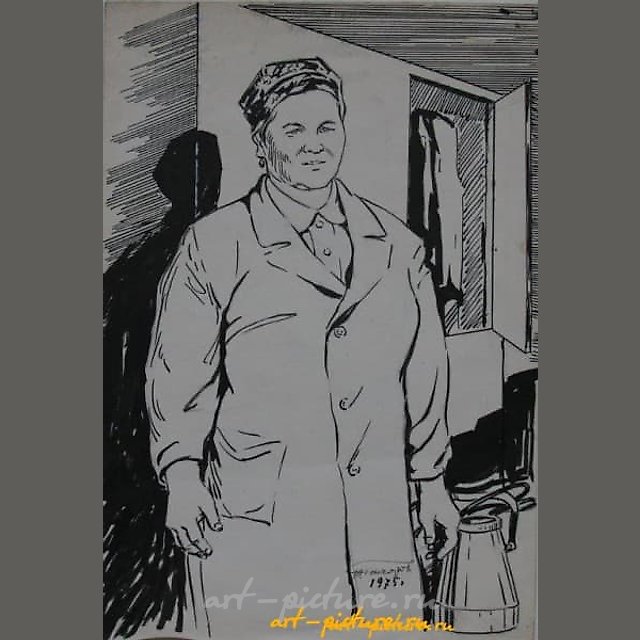 Доярка Беспалова Н.Ф. бумага. тушь. 30 х 20 см.