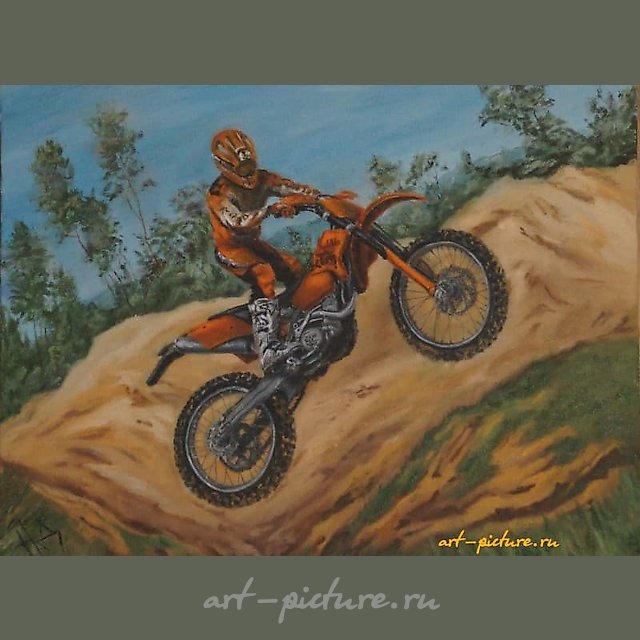 The translation of the text "Увлеченный мотогонщик масло, холст" into English is "Enthusiastic motorcycle racer oil, canvas."